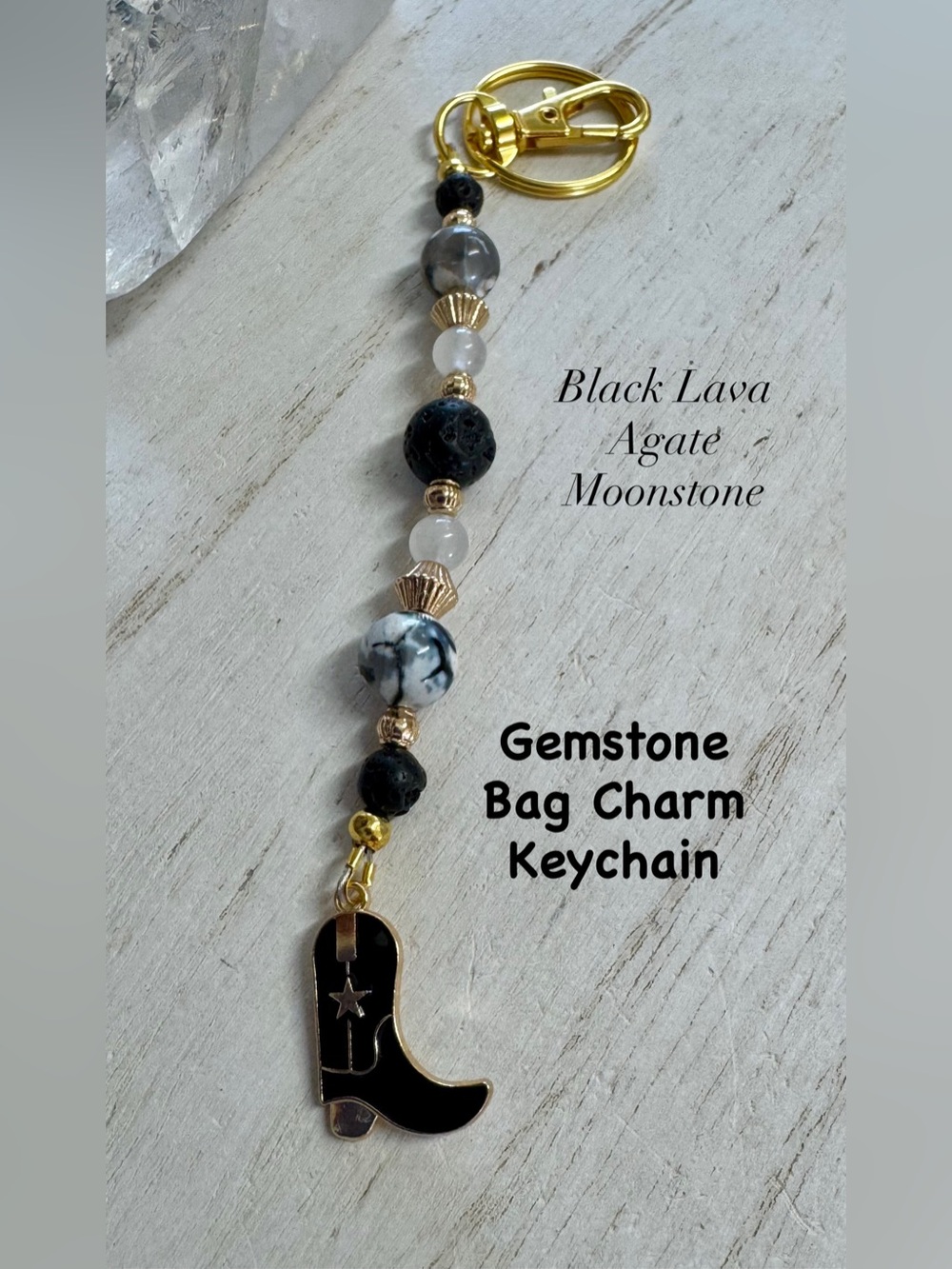 2/$35- Gemstone Cowboy Boot Bag Charm Keychain - Lava, Agate & Moonstone